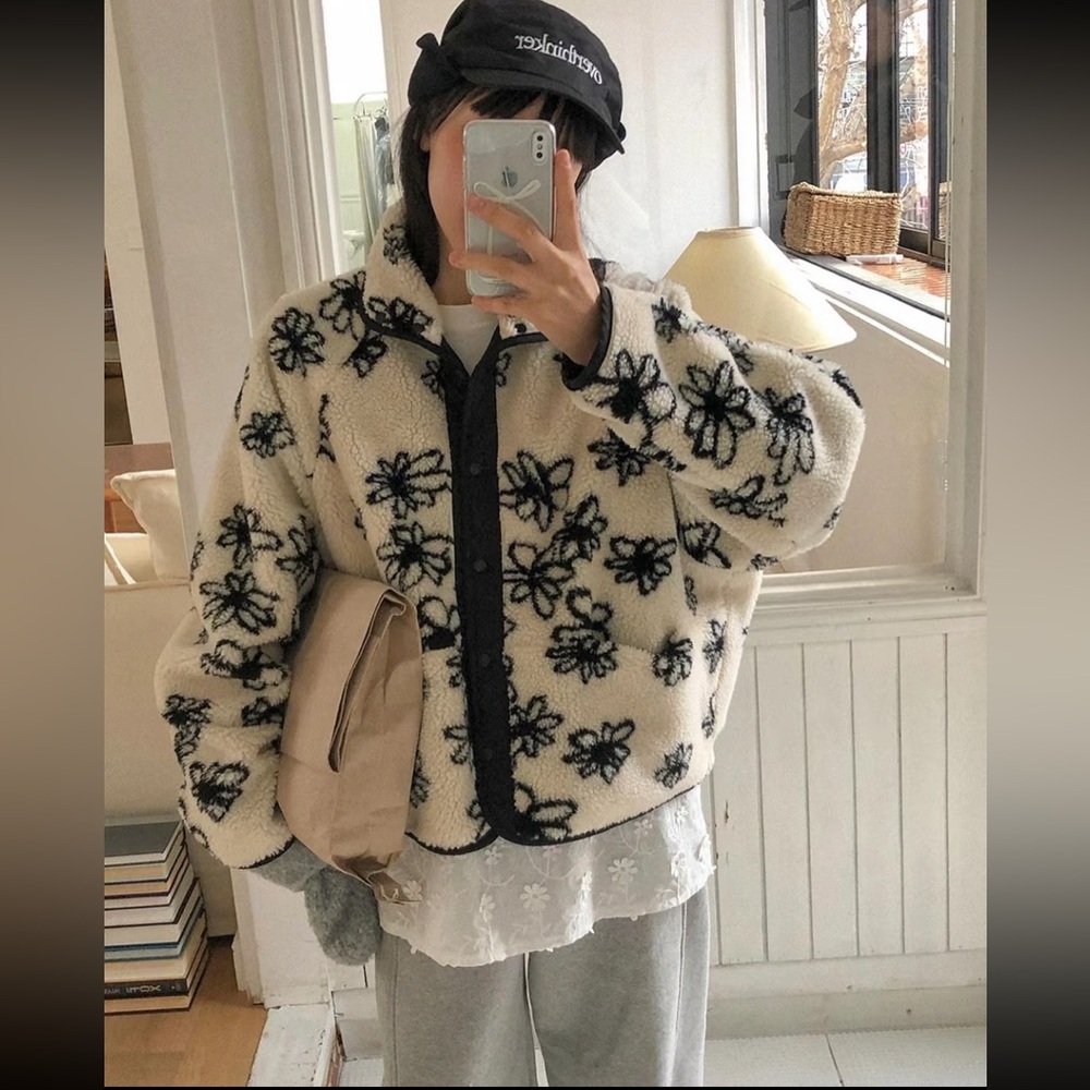 Boutique 9 Cream Teddy Jacket with Black Floral Trim